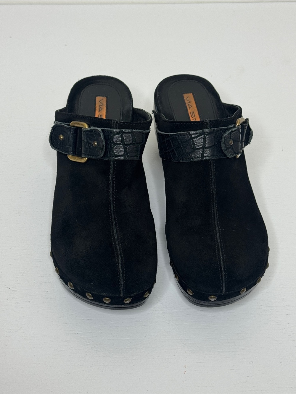 Via Spiga Black Suede Studded Clog Mules with Croc-Embossed Buckle Strap 7.5